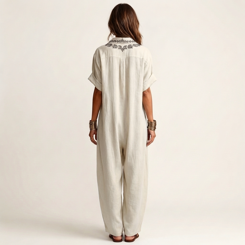 Amarina | Robe maxi en lin avec col en V brodé