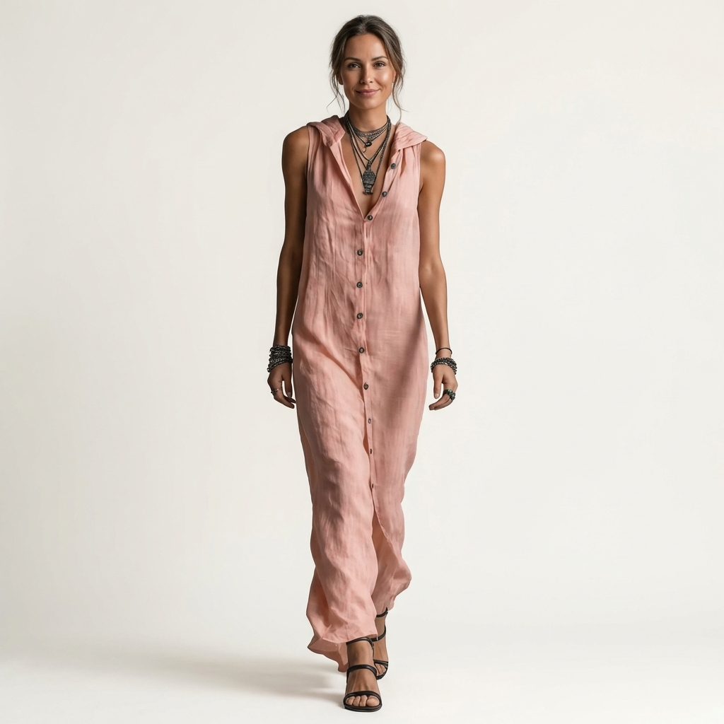 Mirabell | Robe maxi sans manches avec boutons et capuche
