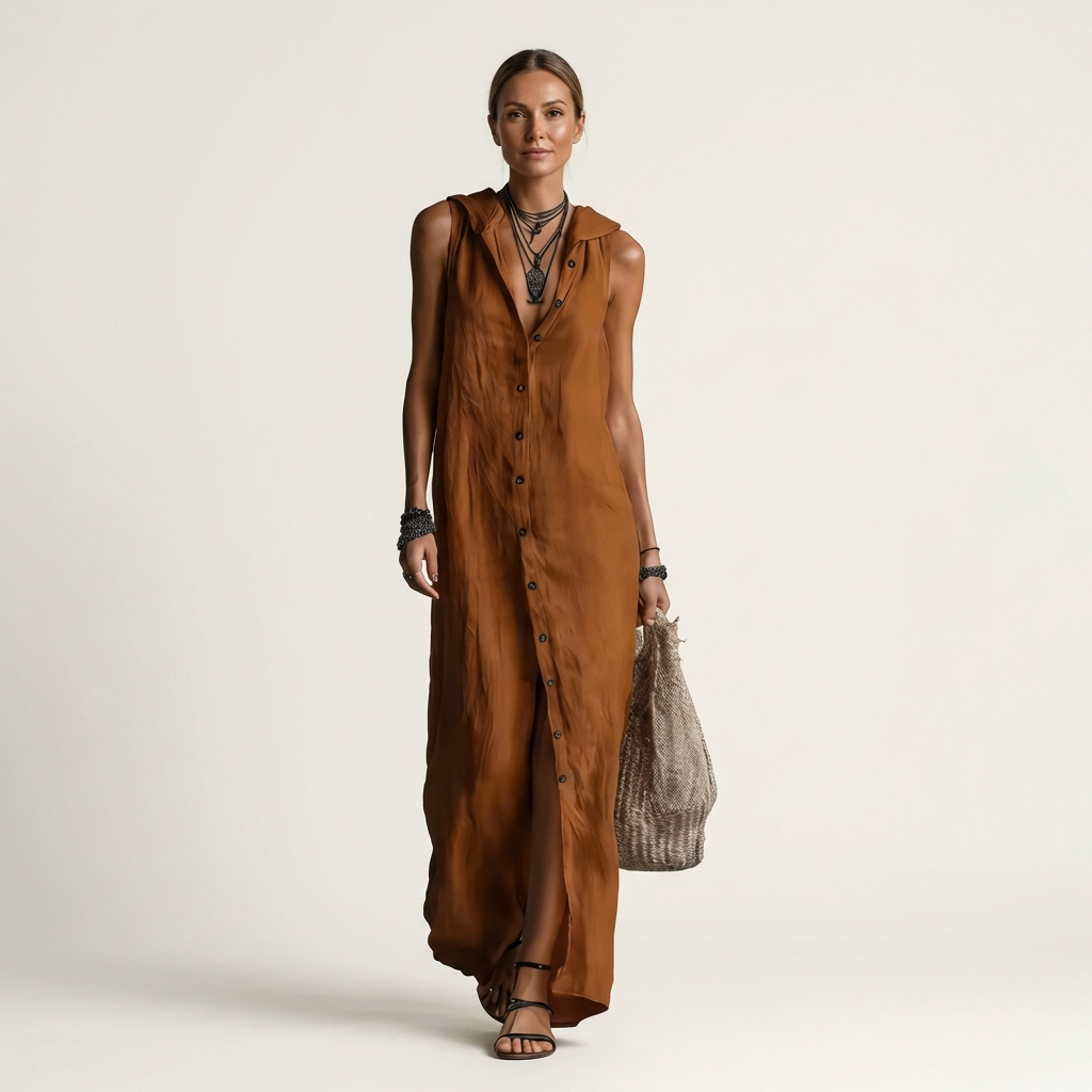 Mirabell | Robe maxi sans manches avec boutons et capuche