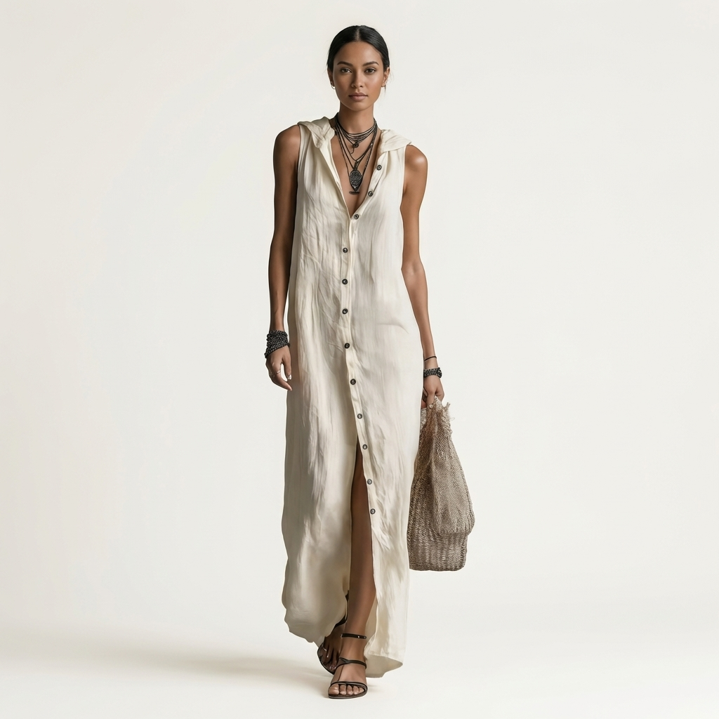 Mirabell | Robe maxi sans manches avec boutons et capuche