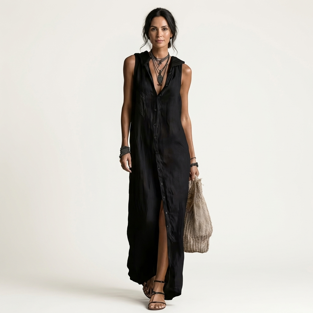 Mirabell | Robe maxi sans manches avec boutons et capuche
