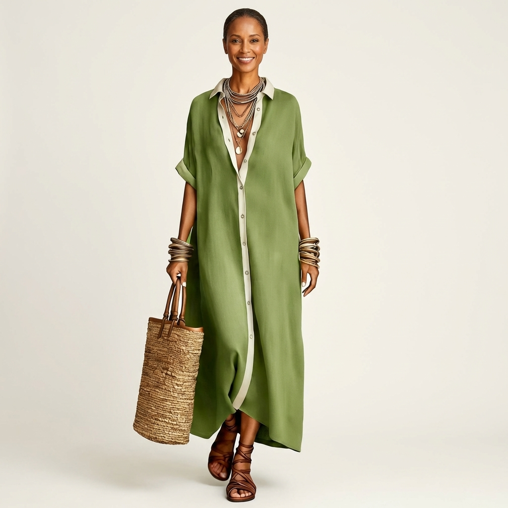 Kamira | Robe Maxi à Manches Courtes avec Col Contrasté et Boutons Frontal