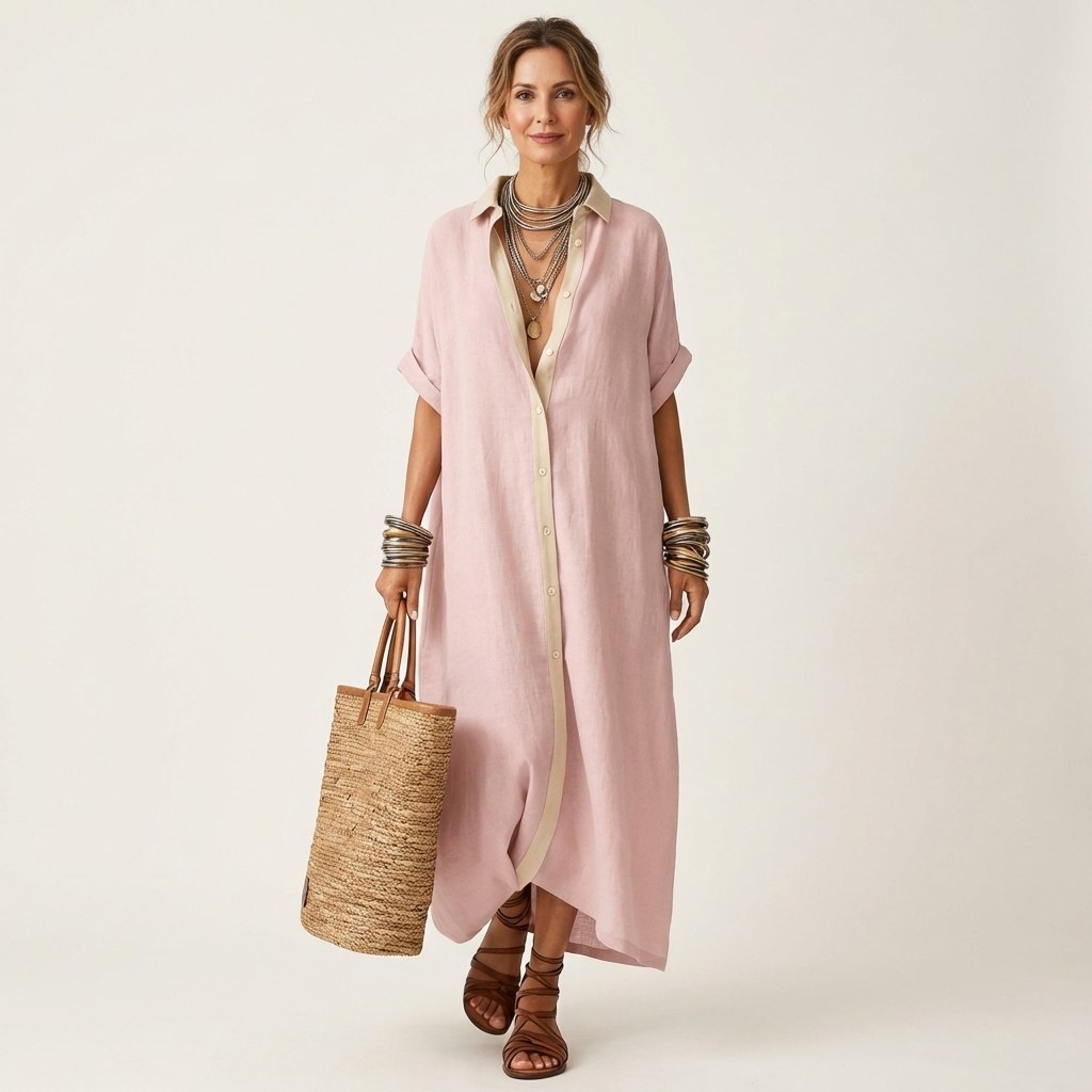 Kamira | Robe Maxi à Manches Courtes avec Col Contrasté et Boutons Frontal