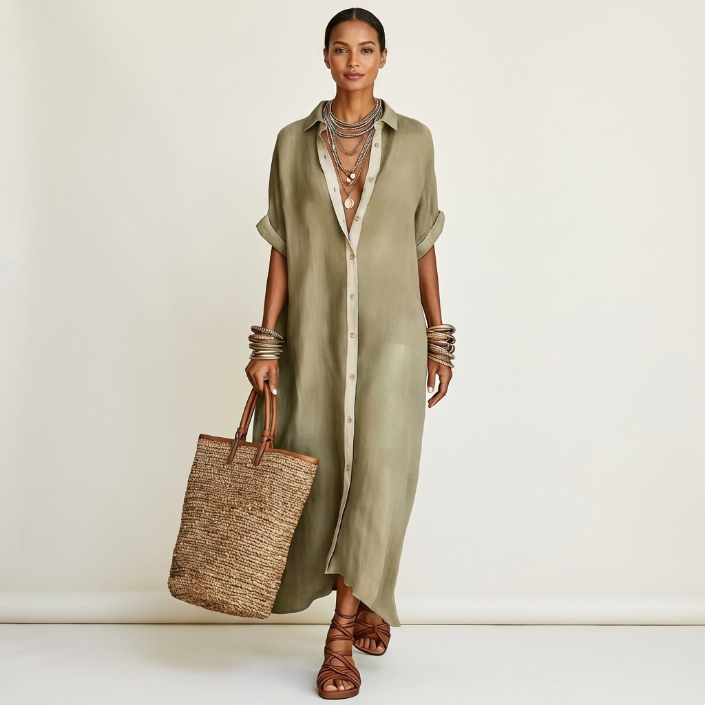 Kamira | Robe Maxi à Manches Courtes avec Col Contrasté et Boutons Frontal