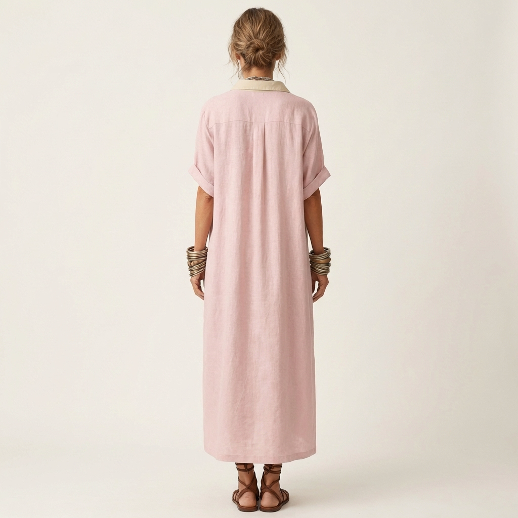 Kamira | Robe Maxi à Manches Courtes avec Col Contrasté et Boutons Frontal