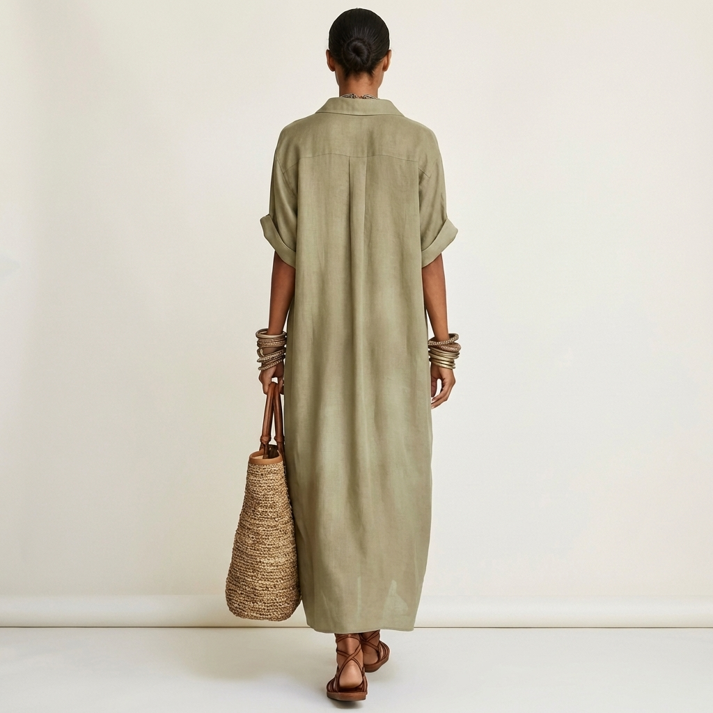 Kamira | Robe Maxi à Manches Courtes avec Col Contrasté et Boutons Frontal