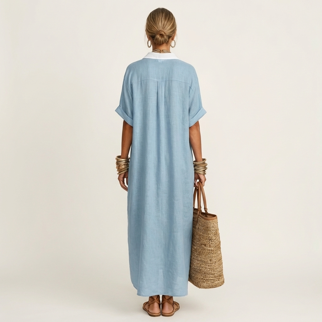 Kamira | Robe Maxi à Manches Courtes avec Col Contrasté et Boutons Frontal
