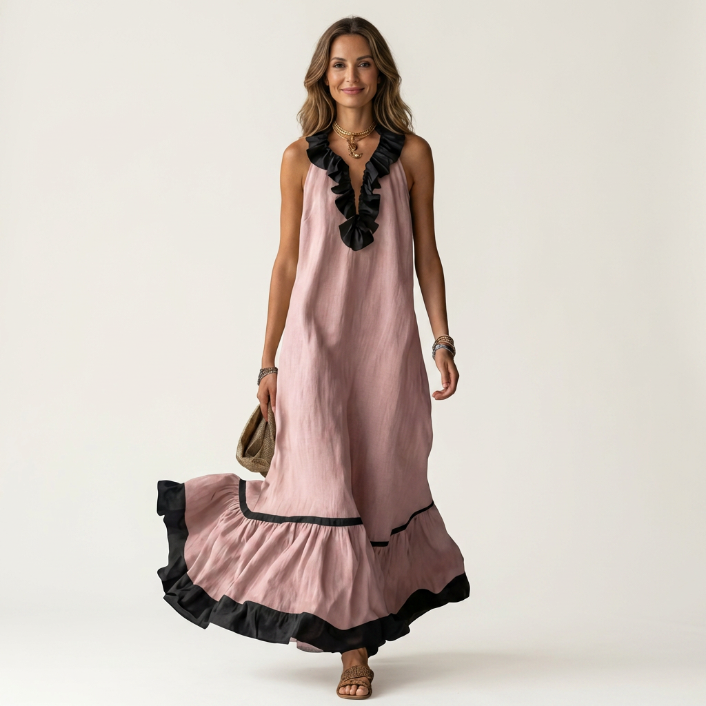 Mayline | Robe Maxi Sans Manches avec Col Volant et Détails Contrastés