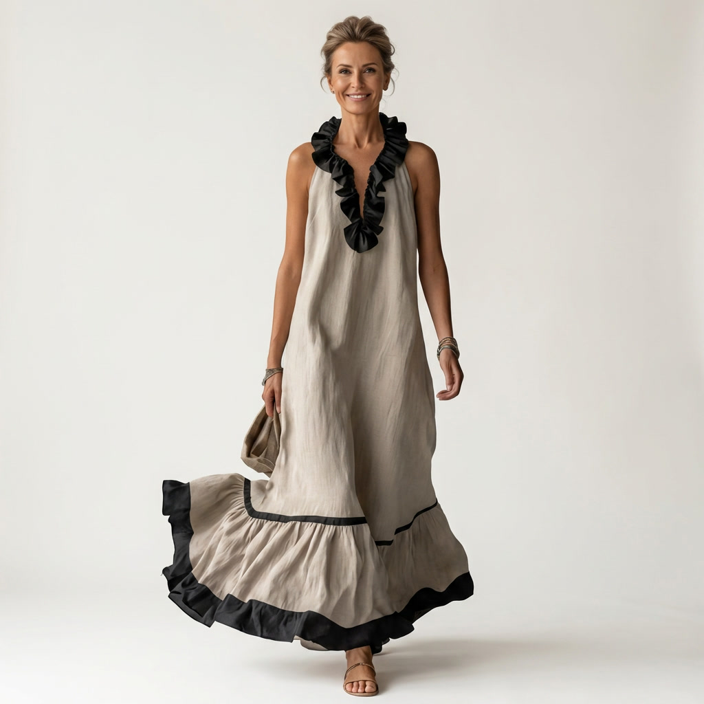 Mayline | Robe Maxi Sans Manches avec Col Volant et Détails Contrastés