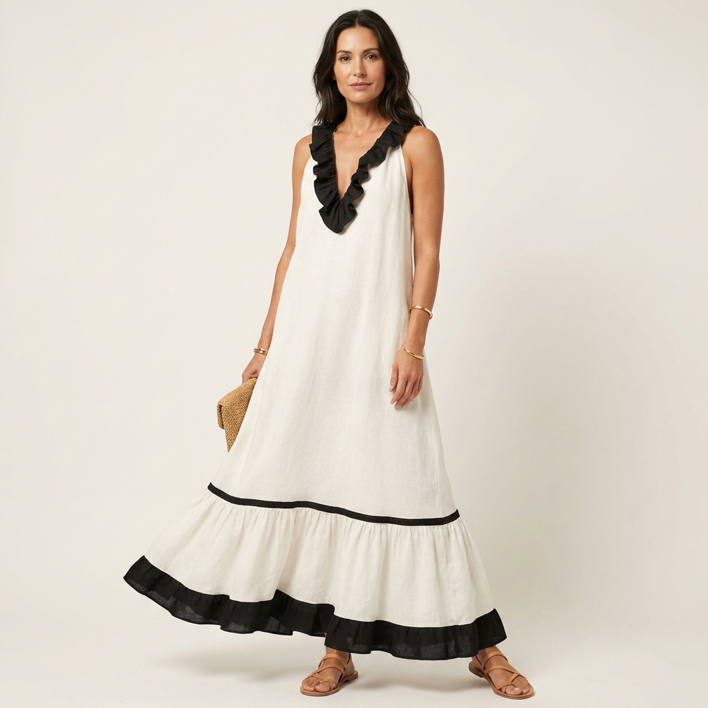 Mayline | Robe Maxi Sans Manches avec Col Volant et Détails Contrastés