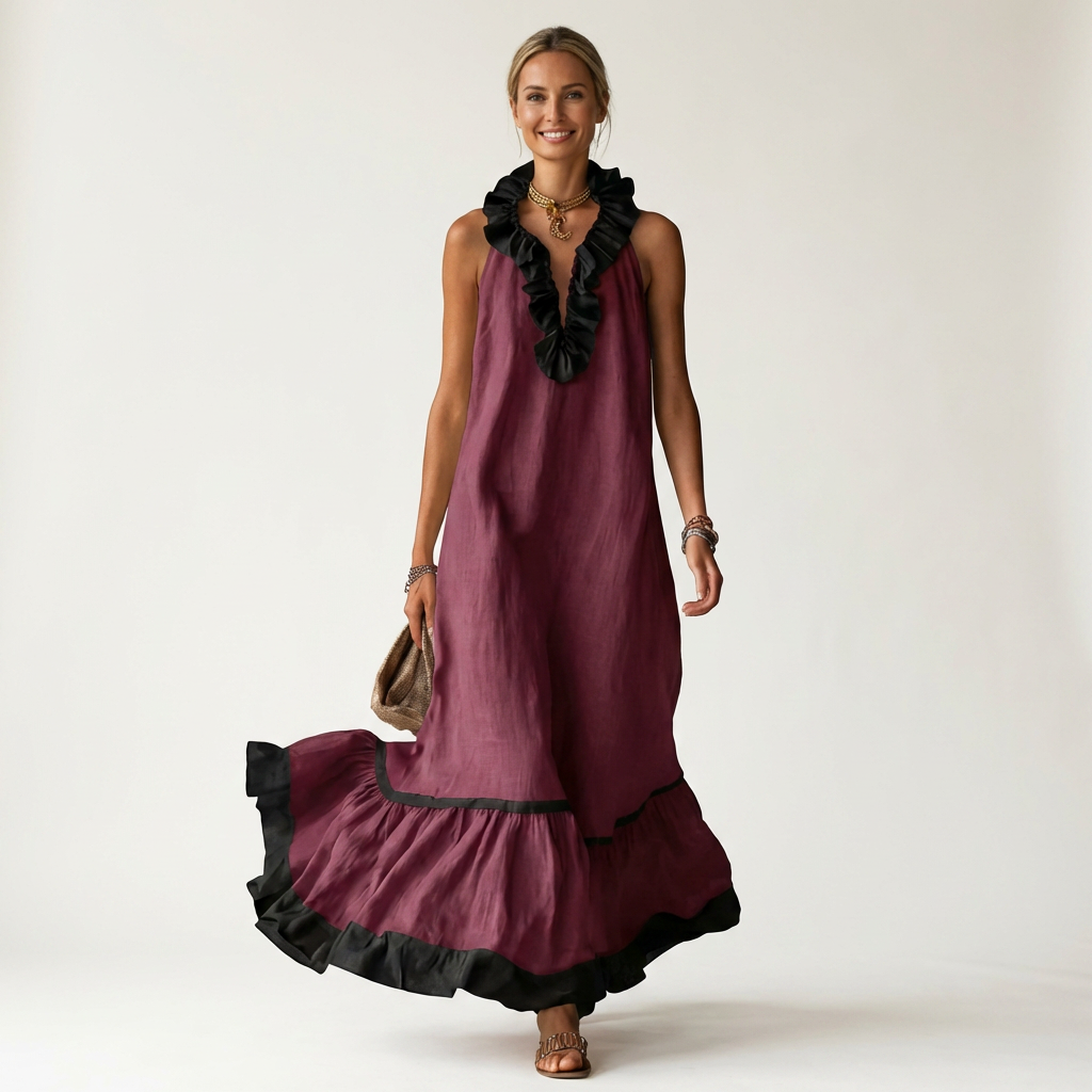 Mayline | Robe Maxi Sans Manches avec Col Volant et Détails Contrastés