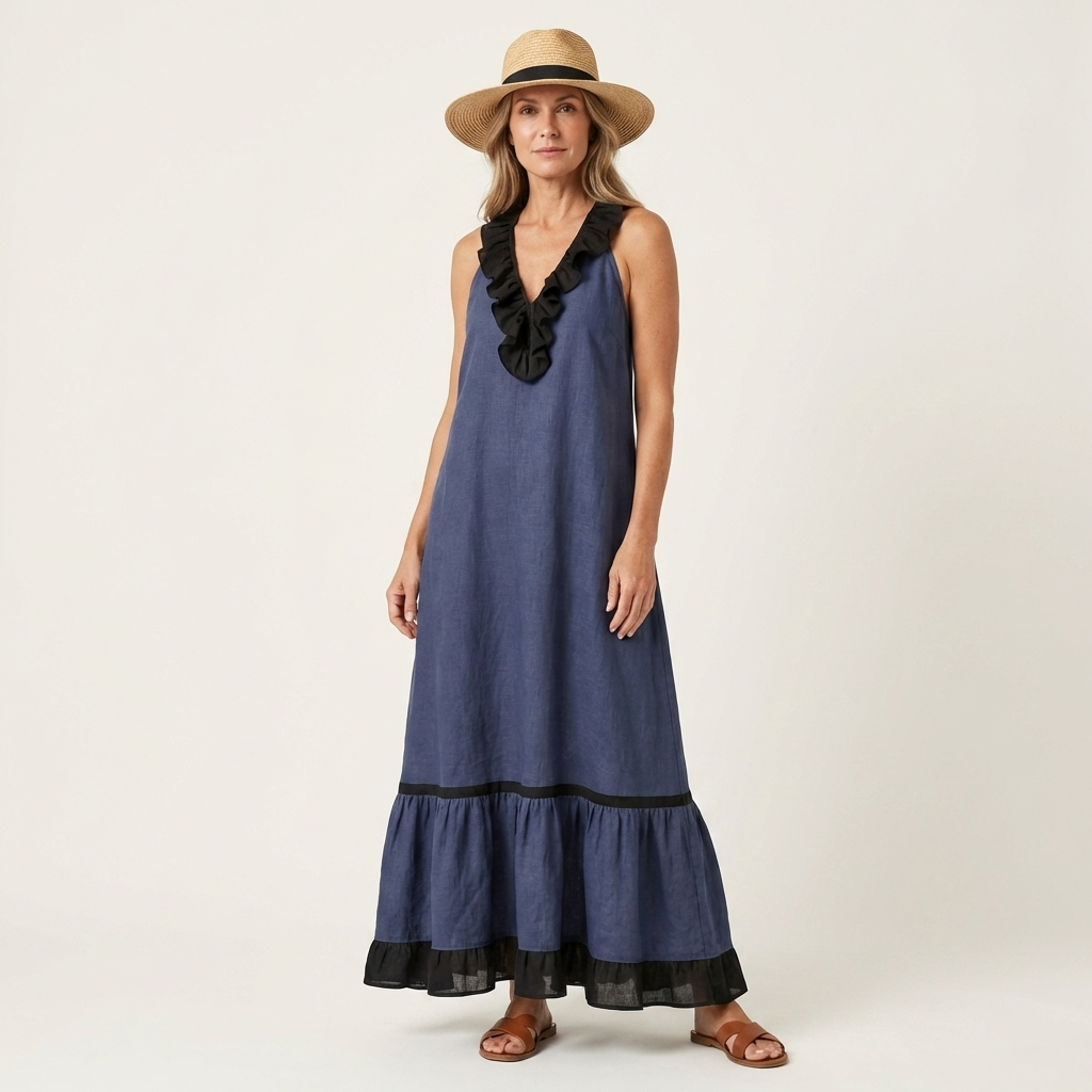 Mayline | Robe Maxi Sans Manches avec Col Volant et Détails Contrastés