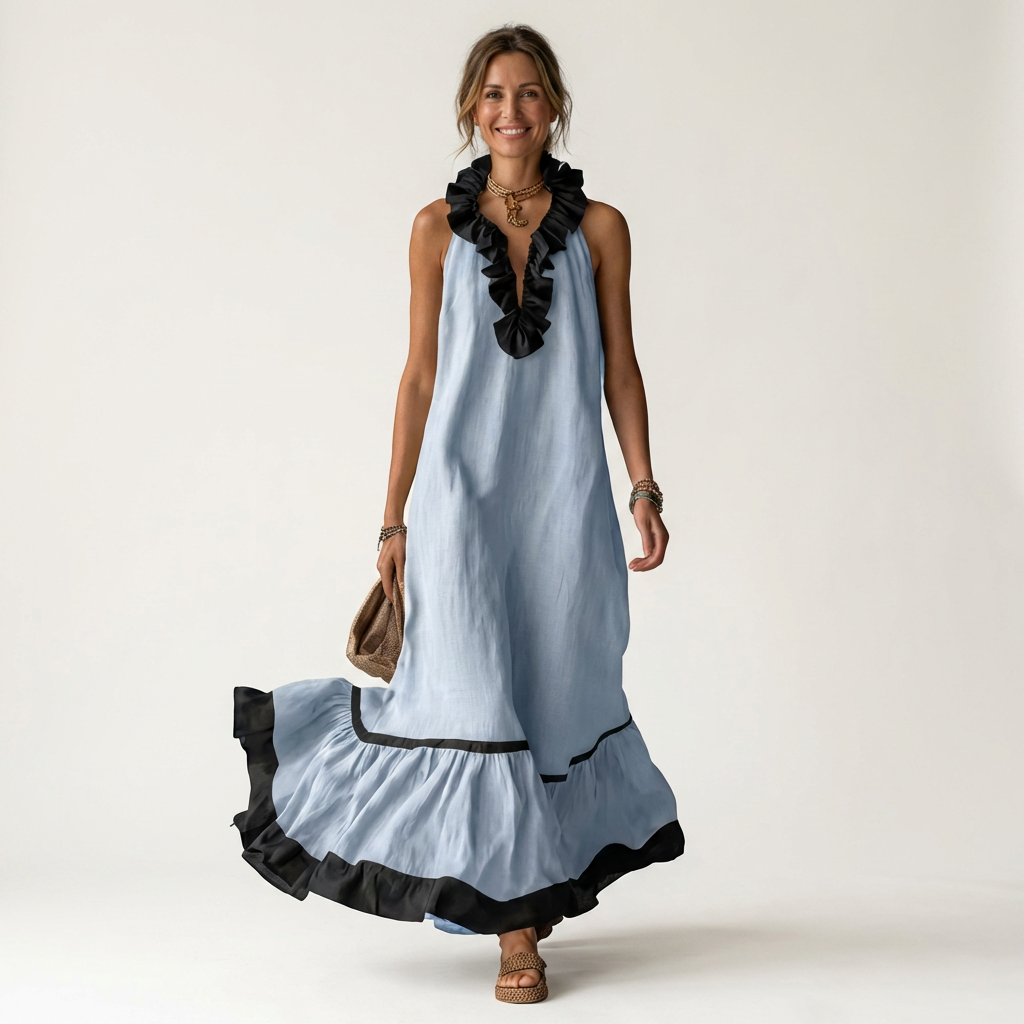 Mayline | Robe Maxi Sans Manches avec Col Volant et Détails Contrastés