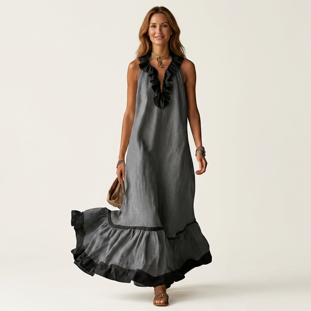 Mayline | Robe Maxi Sans Manches avec Col Volant et Détails Contrastés
