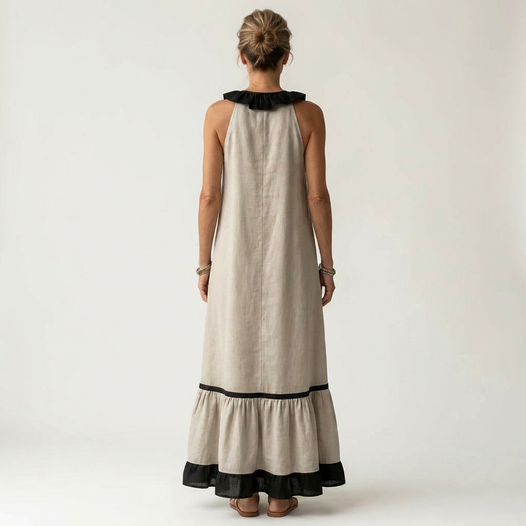 Mayline | Robe Maxi Sans Manches avec Col Volant et Détails Contrastés