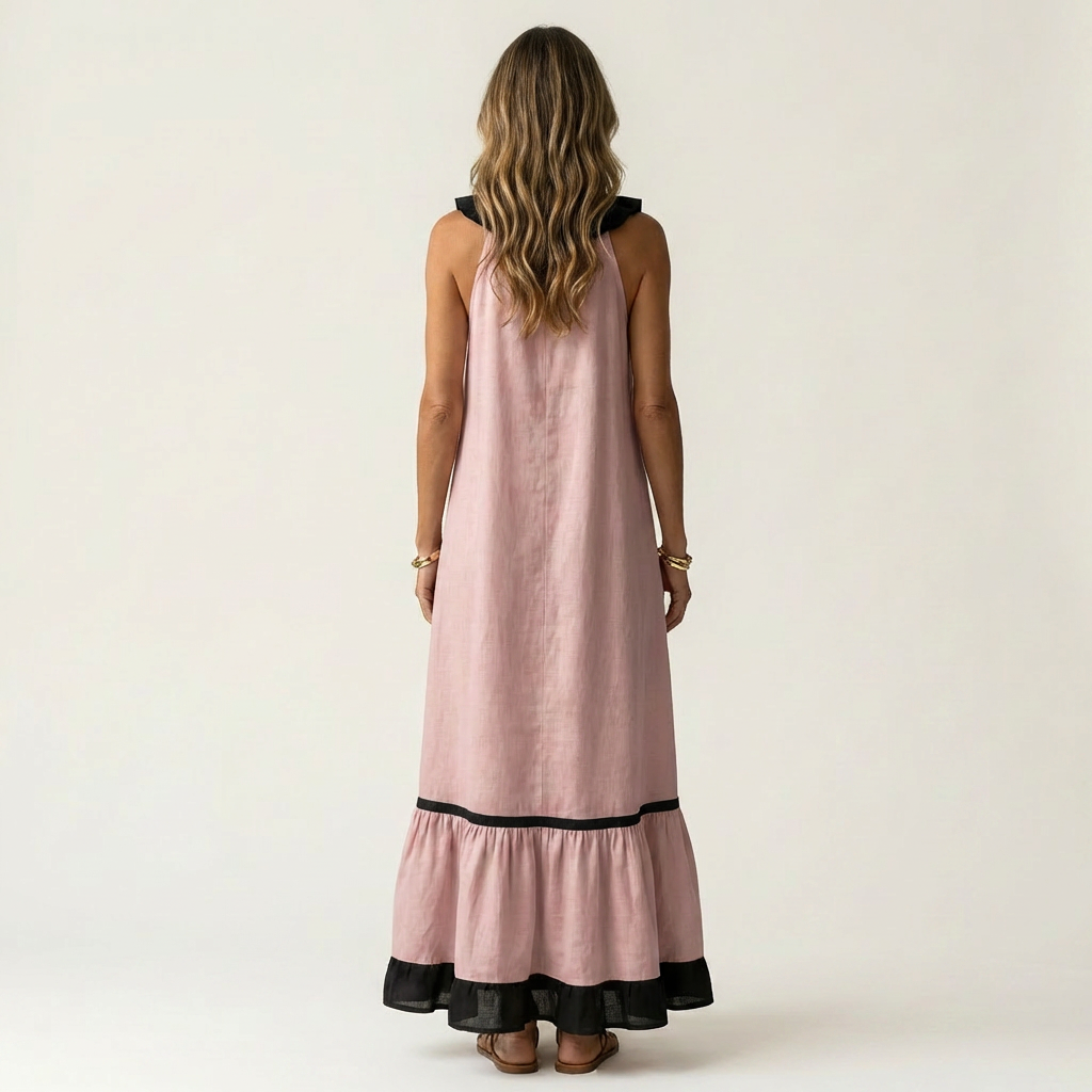 Mayline | Robe Maxi Sans Manches avec Col Volant et Détails Contrastés
