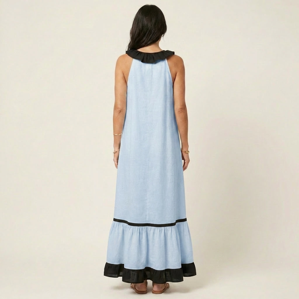 Mayline | Robe Maxi Sans Manches avec Col Volant et Détails Contrastés