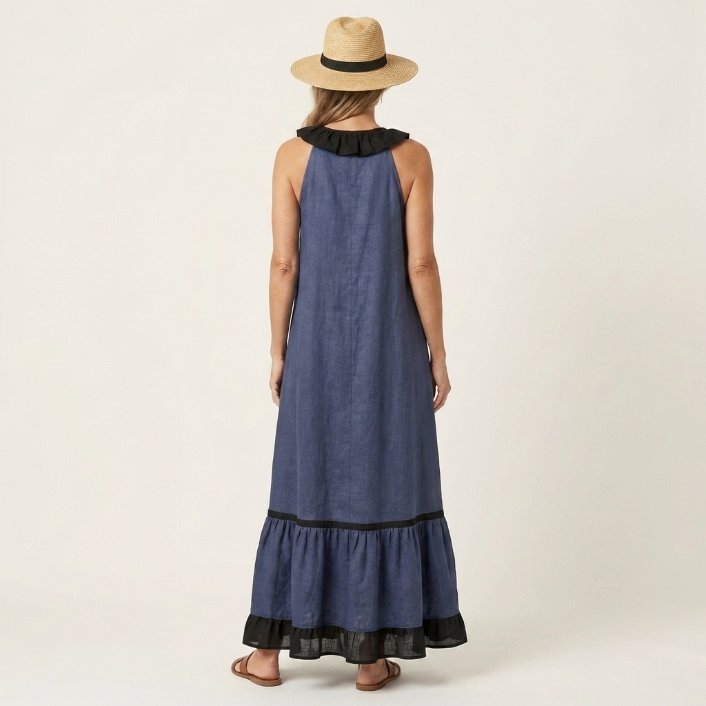 Mayline | Robe Maxi Sans Manches avec Col Volant et Détails Contrastés