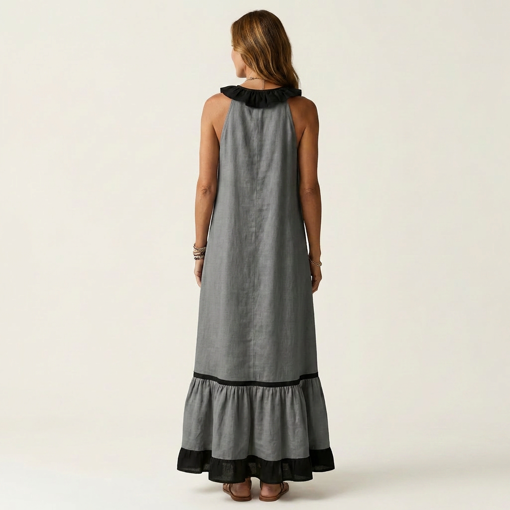 Mayline | Robe Maxi Sans Manches avec Col Volant et Détails Contrastés