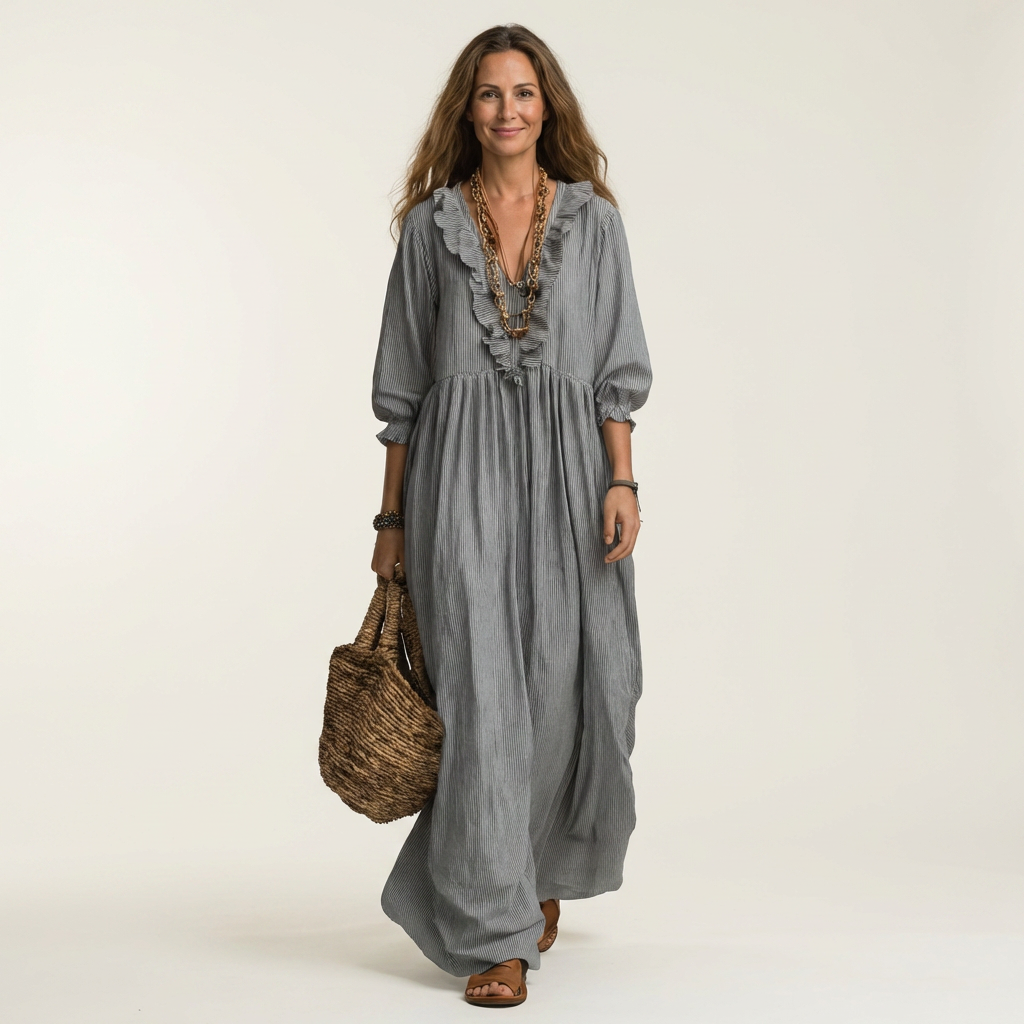 Yosetta | Robe Maxi Rayée avec Volants et Décolleté en V