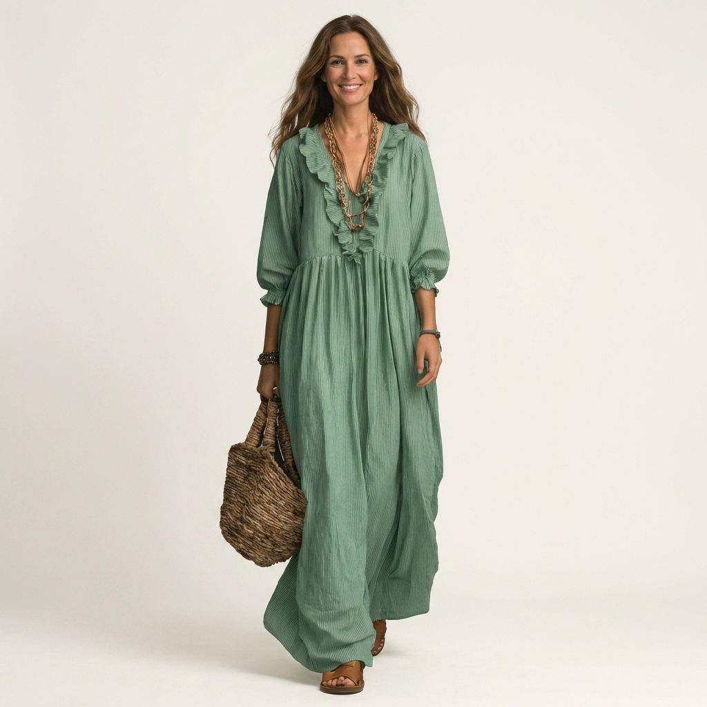 Yosetta | Robe Maxi Rayée avec Volants et Décolleté en V