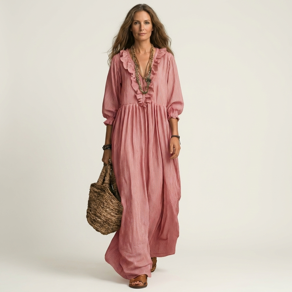 Yosetta | Robe Maxi Rayée avec Volants et Décolleté en V