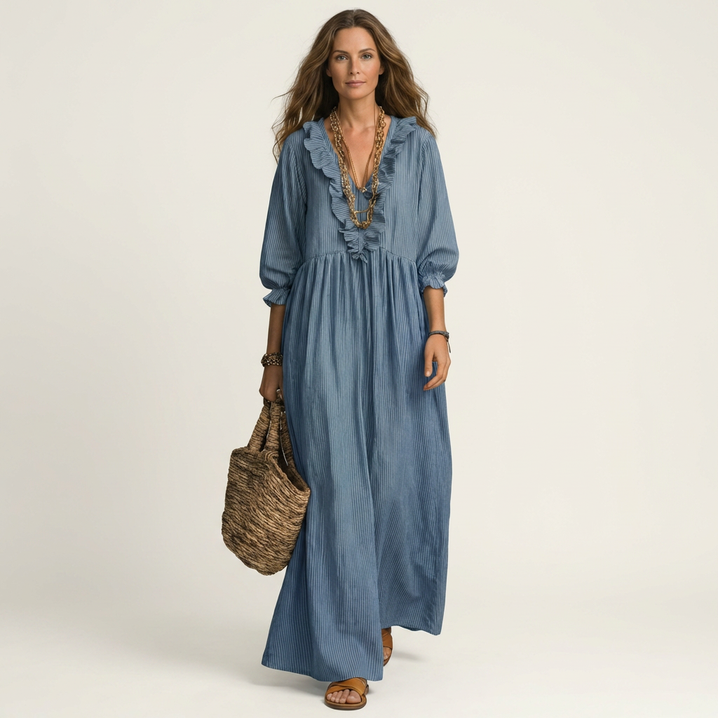 Yosetta | Robe Maxi Rayée avec Volants et Décolleté en V