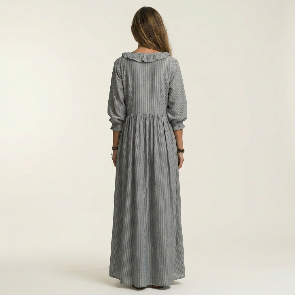Yosetta | Robe Maxi Rayée avec Volants et Décolleté en V
