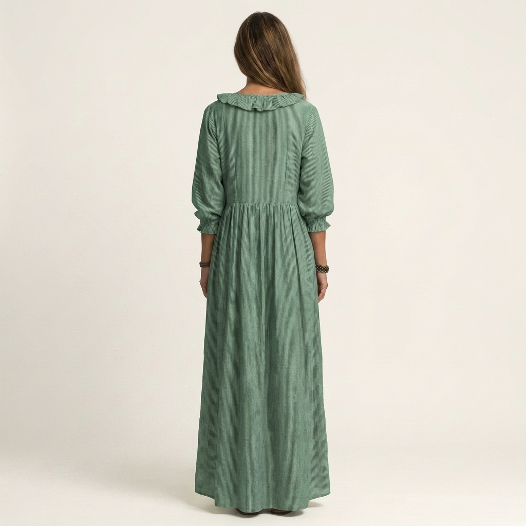 Yosetta | Robe Maxi Rayée avec Volants et Décolleté en V