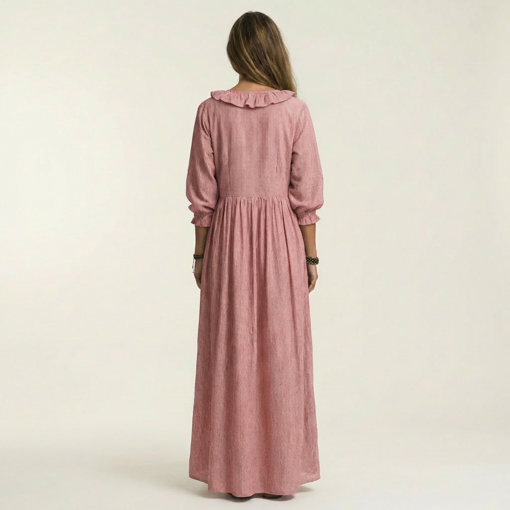 Yosetta | Robe Maxi Rayée avec Volants et Décolleté en V