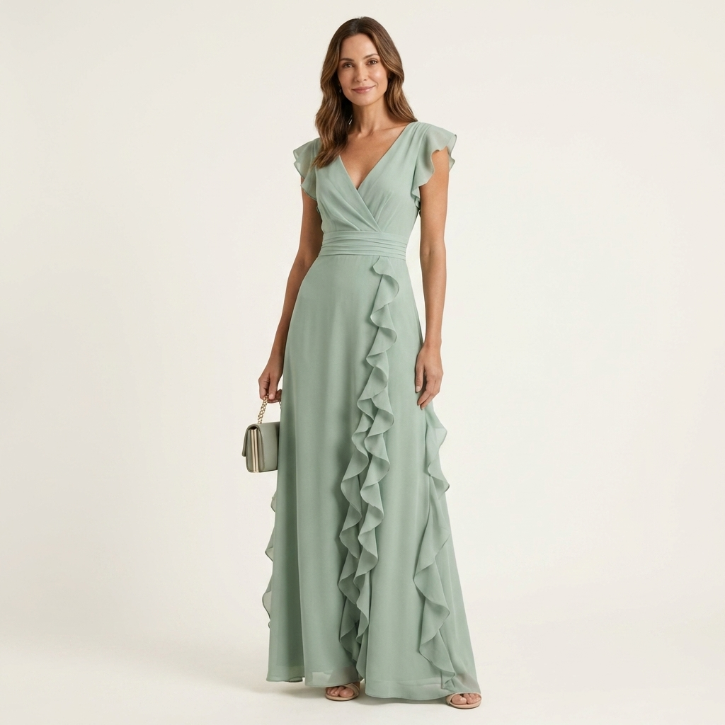 Nellyana | Robe Maxi à Volants en V avec Manches Évasées