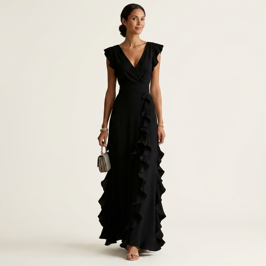 Nellyana | Robe Maxi à Volants en V avec Manches Évasées