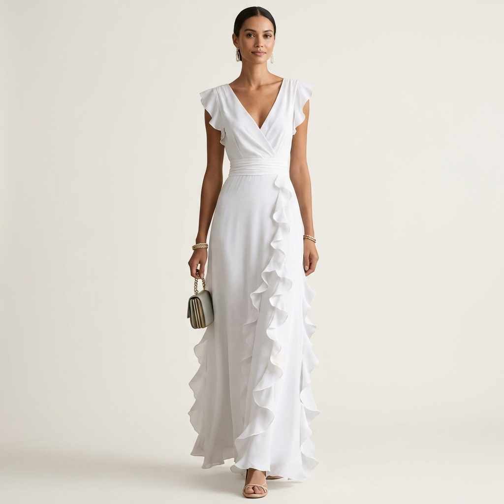 Nellyana | Robe Maxi à Volants en V avec Manches Évasées