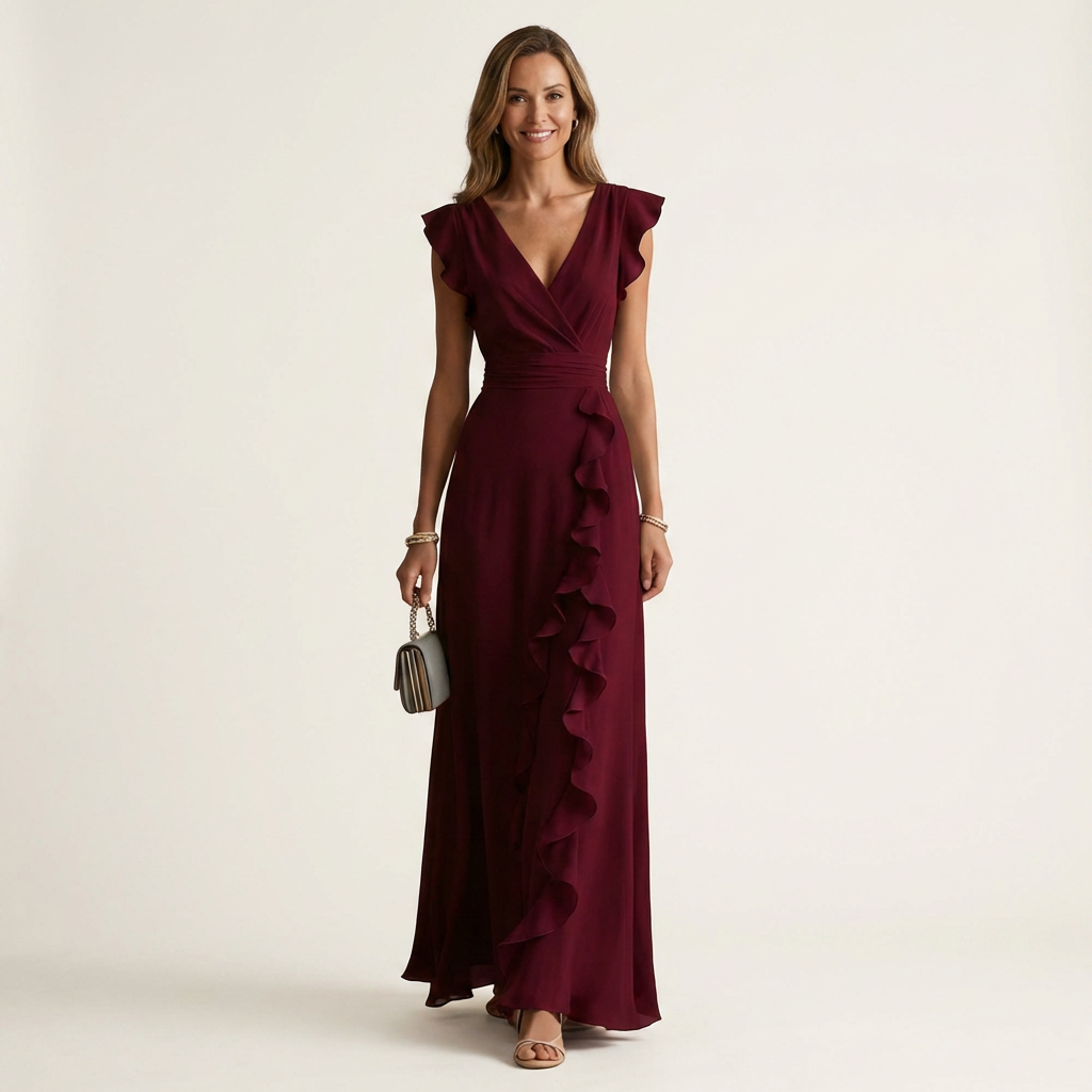 Nellyana | Robe Maxi à Volants en V avec Manches Évasées