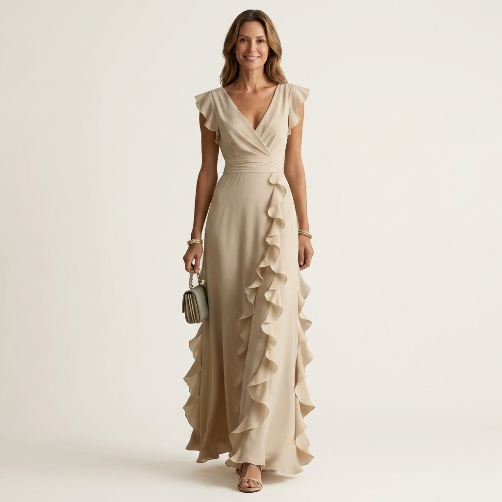 Nellyana | Robe Maxi à Volants en V avec Manches Évasées
