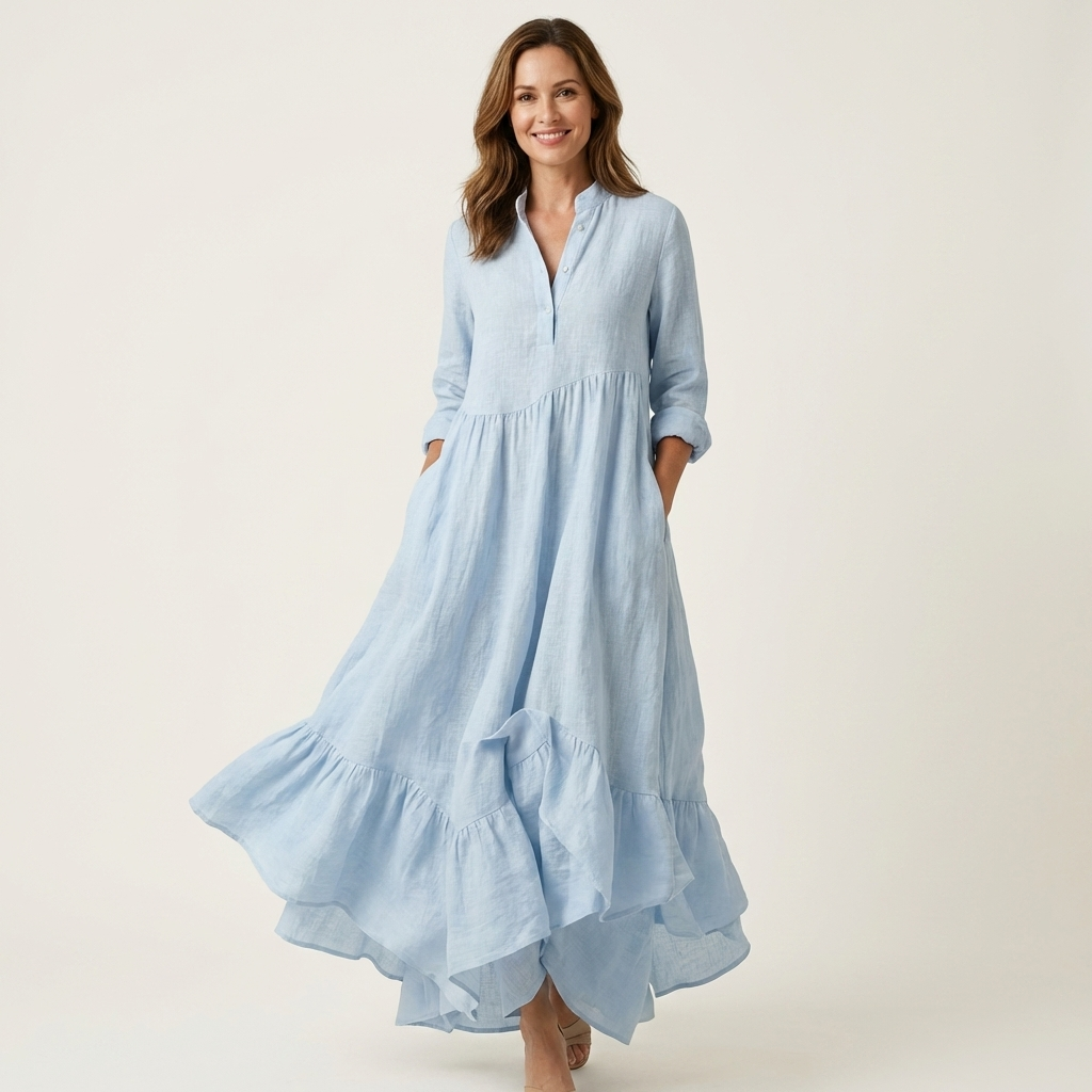 Jilana | Robe Maxi à Col Montant et Boutons avec Ourlet Volant