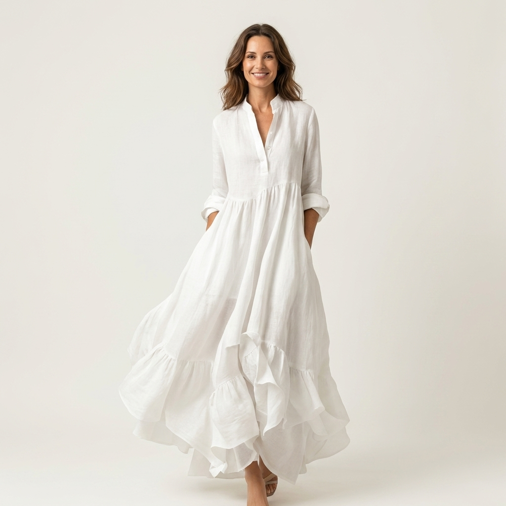 Jilana | Robe Maxi à Col Montant et Boutons avec Ourlet Volant