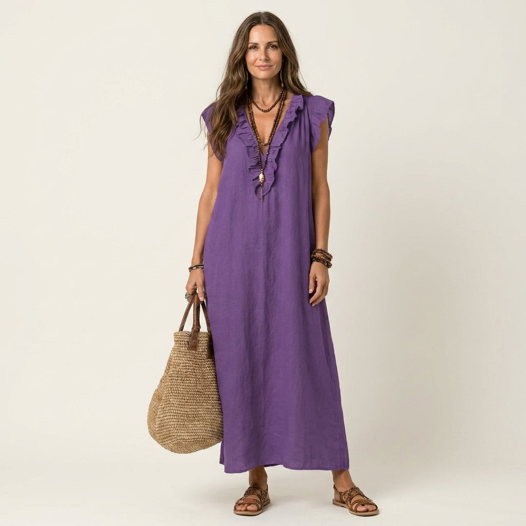 Josette | Robe Maxi à Col V avec Volants
