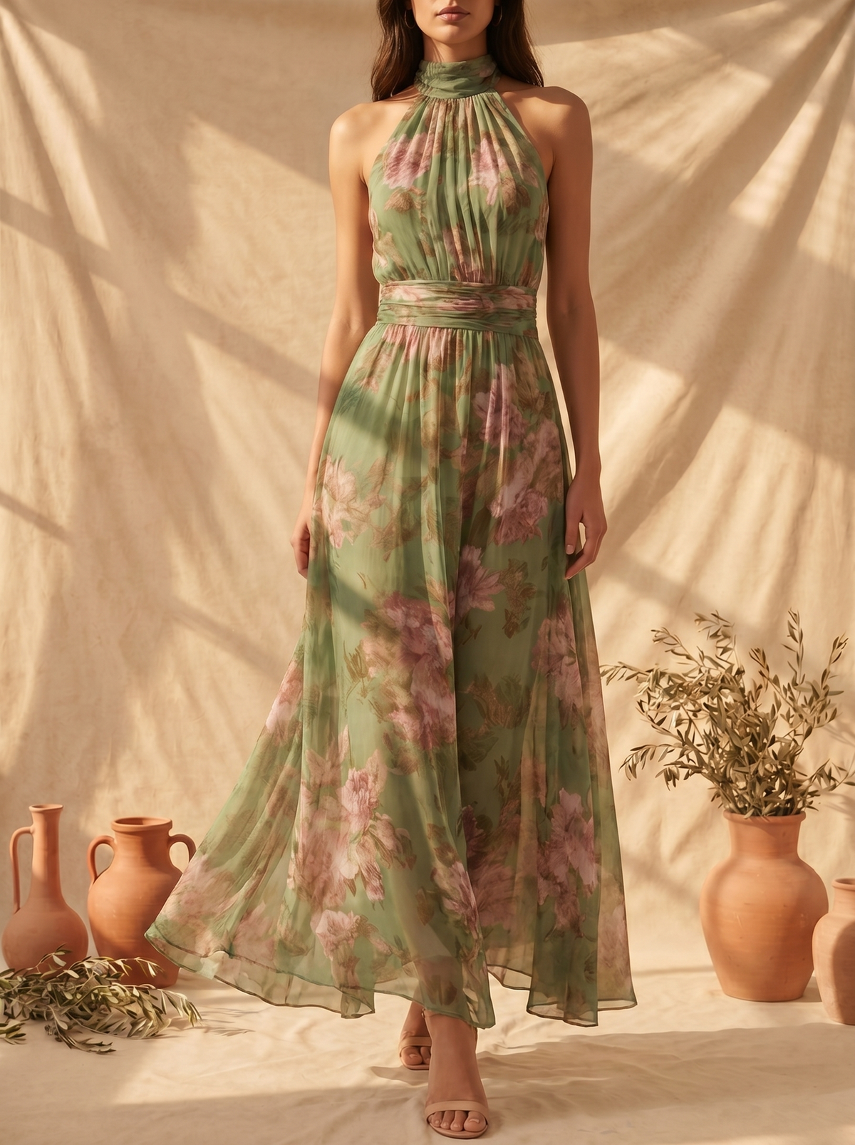 Robe longue en lin Lidia pour femme avec col halter, vêtement de la marque Danoir Paris, tissu léger et élégant.