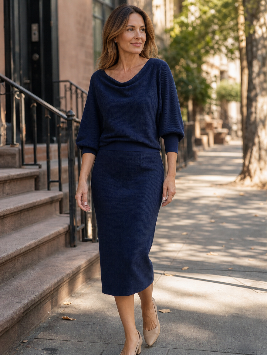 Robe midi à manches chauve-souris Danoir Paris Lydia, coupe drapée élégante, tissu fluide, idéale pour une tenue sophistiquée.