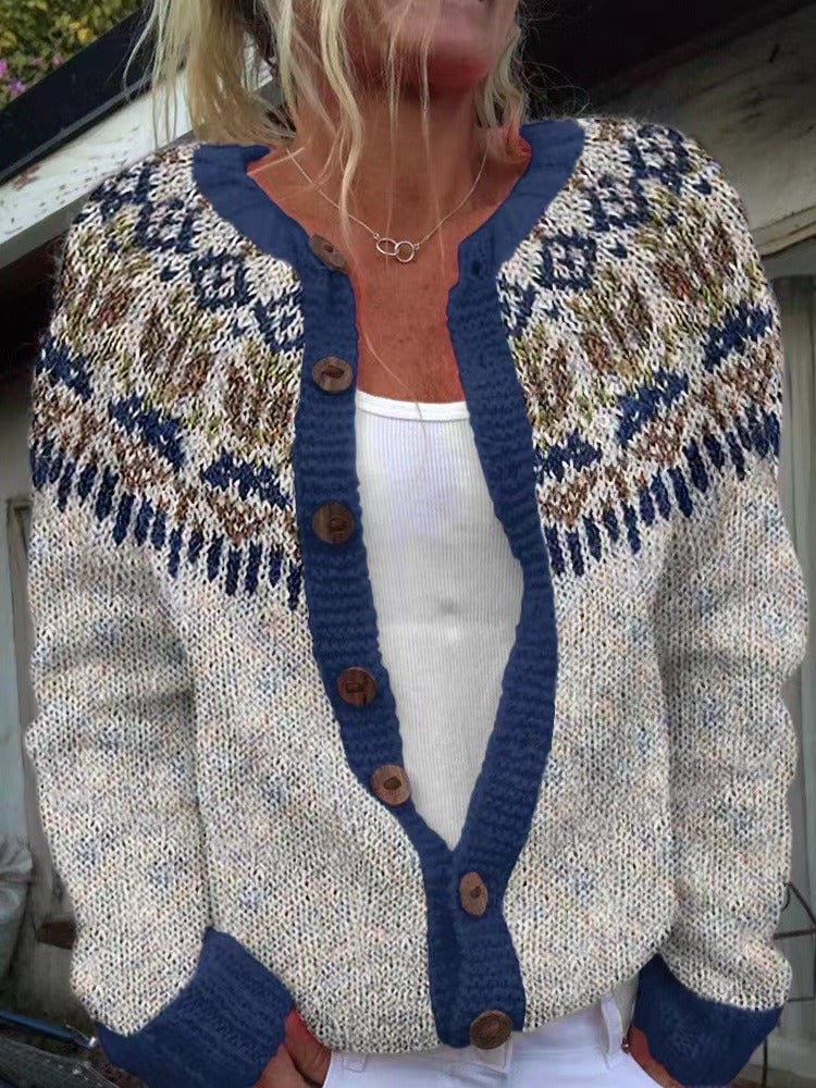 Cardigan Danoir Paris ILSE™ à yoke Fair Isle avec motif traditionnel en laine, manches longues et col en V.