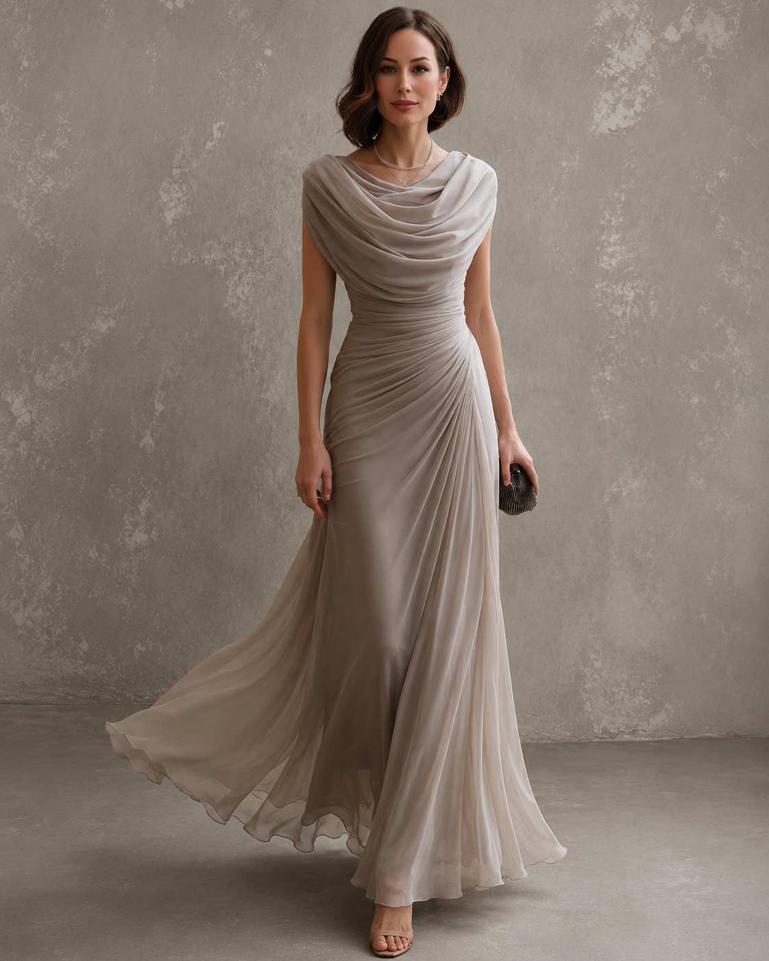 Robe longue sans manches Maëlle Danoir Paris, élégante robe drapée pour femme, vue de face sur fond neutre.