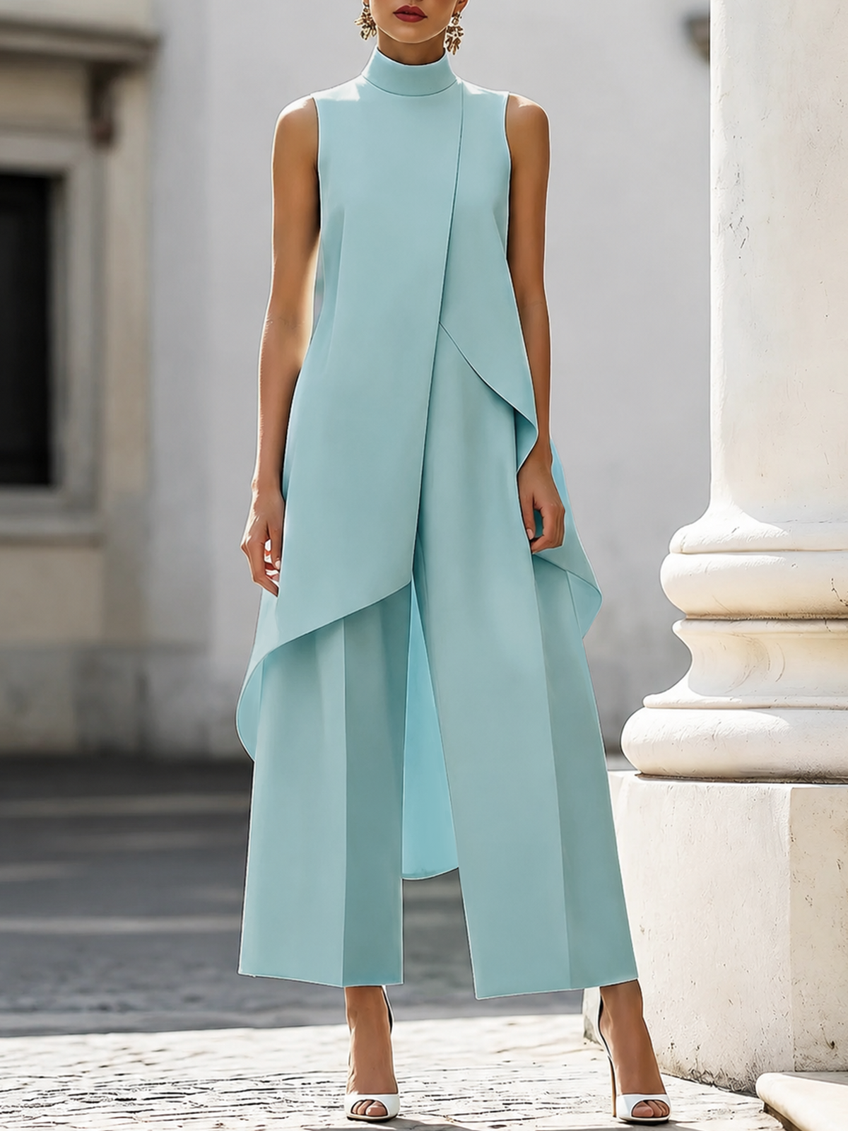 Ensemble femme Catalina de Danoir Paris avec haut col haut et pantalons palazzo, look élégant et moderne.