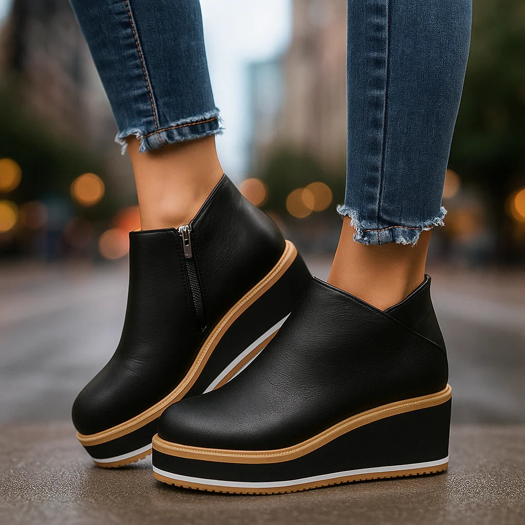 Bottines compensées Danoir Paris Coralie avec zip latéral, en cuir beige, mode élégante et confortable pour femme.
