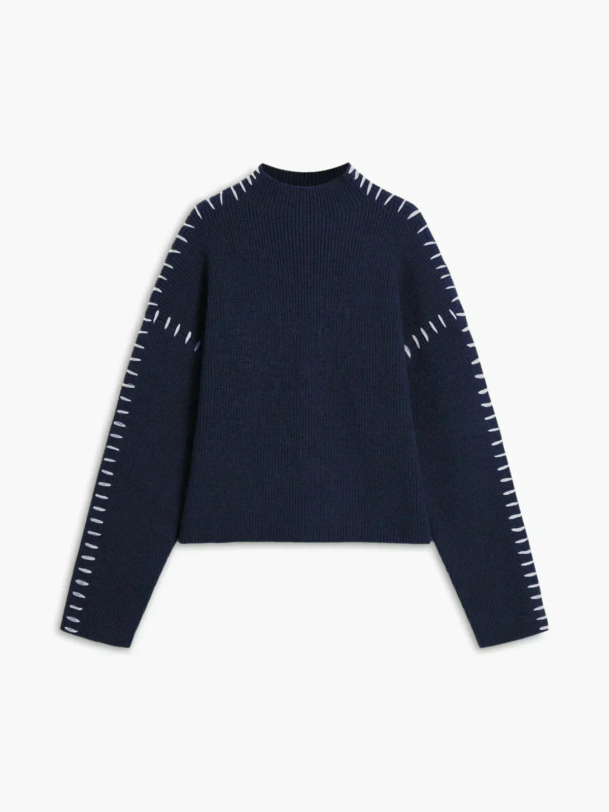 Pull en laine côtelée Danoir Paris Nia, col montant, style automne, en bleu marine, avec détails de couture whipstitch.