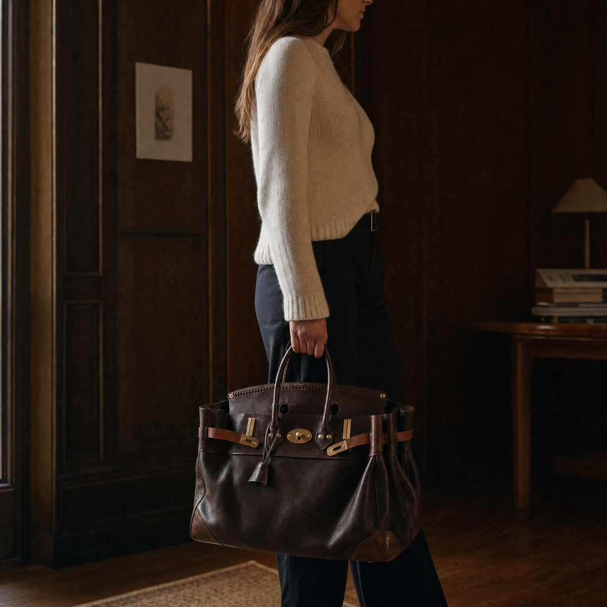 Sac à main Vivienne en cuir de Danoir Paris, porté en style décontracté dans un cadre urbain.