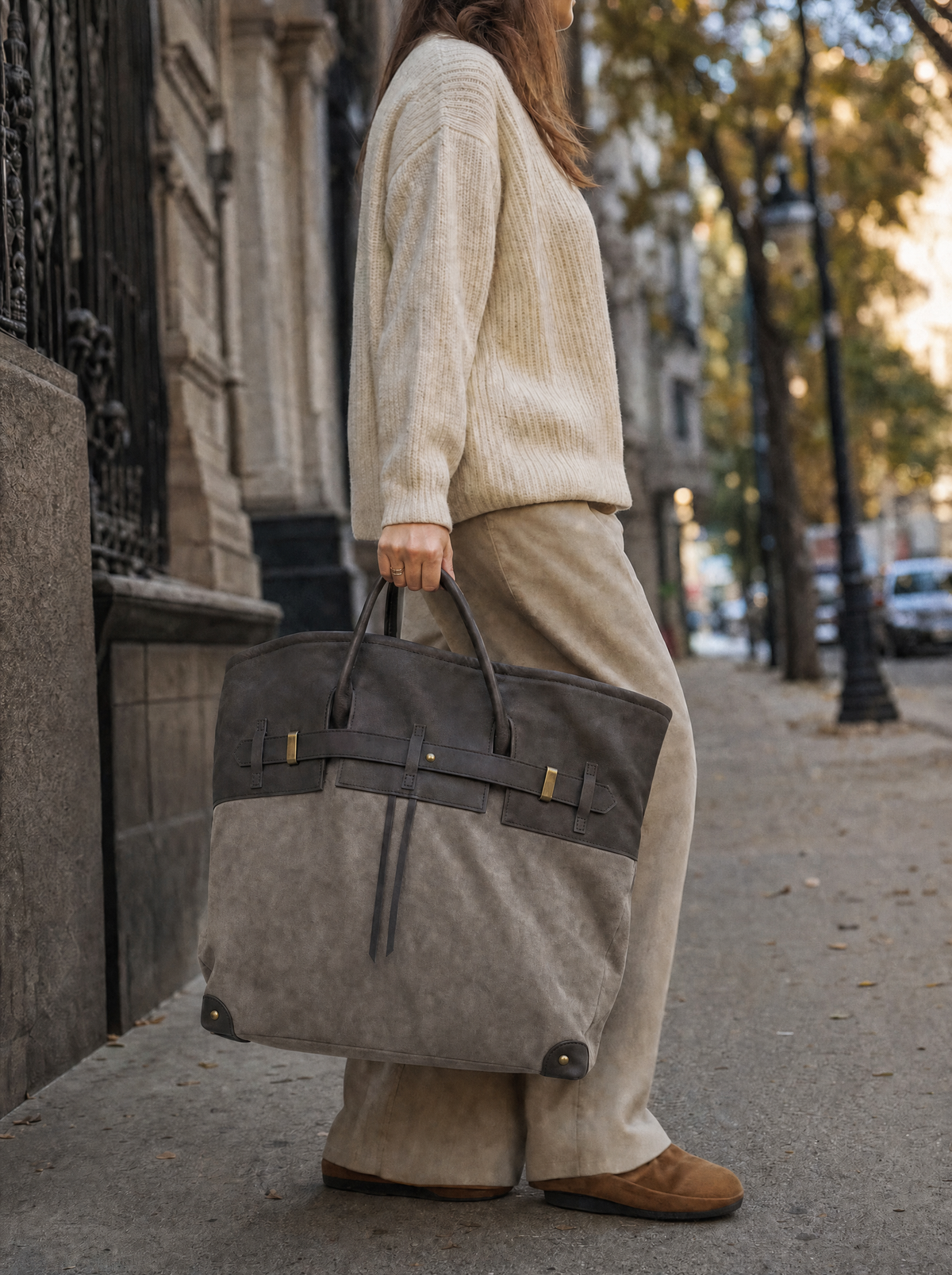 Sac tote en suède Juliette de Danoir Paris, vue de profil avec poignées et détails élégants.
