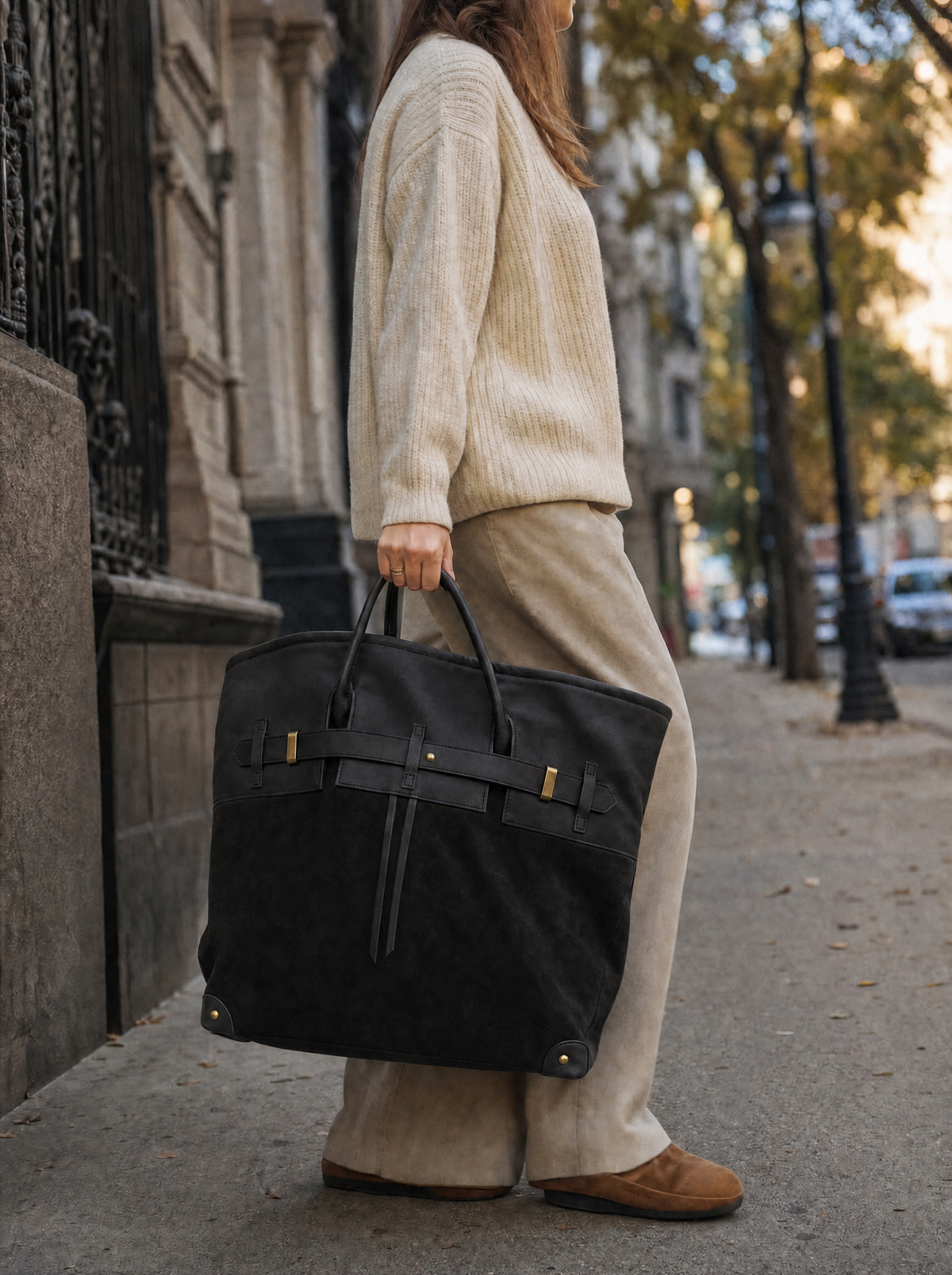 Sac tote en suède Juliette de Danoir Paris, mode décontractée avec poignée en cuir et intérieur spacieux, porté en style décontracté.