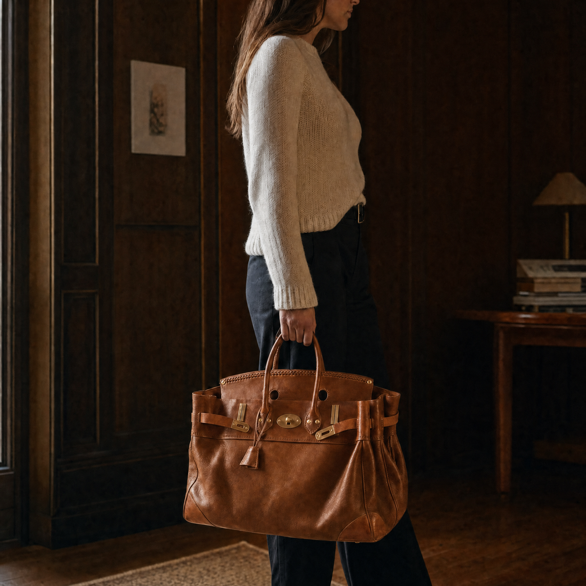 Sac à main Vivienne en cuir, sac à main Danoir Paris fait main, porté en style décontracté, avec poignée et détails élégants.