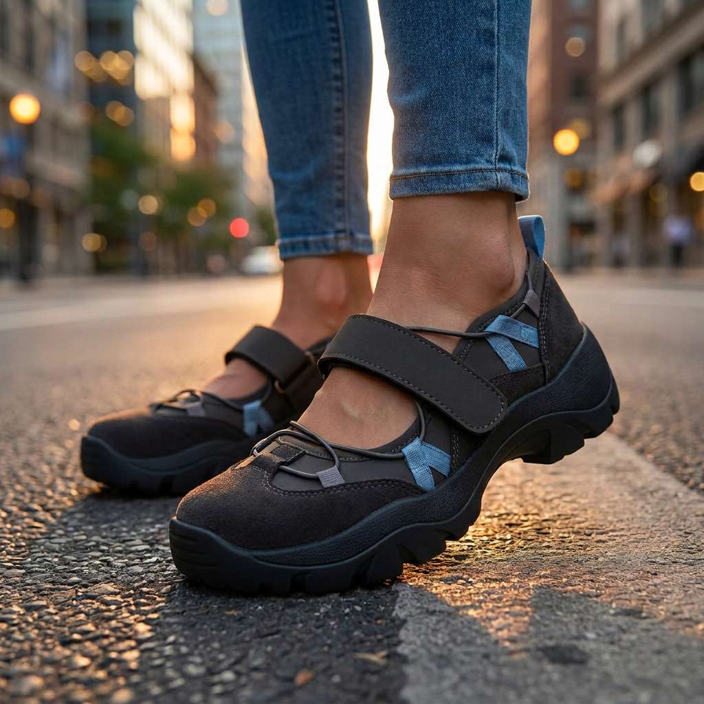 Mocassins Velina ComfortWalk de Danoir Paris portés avec un jean, en cuir noir et semelle confortable.